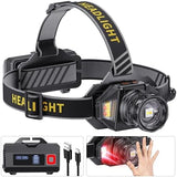 LED Headlamp Rechargeable，2000 High Lumens Head Lamp with 12 Modes & 90H Long Battery Life & Motion Sensor & IPX7 Waterproof,90° Adjustable Headlight for Outdoor Camping,Cycling,Hiking