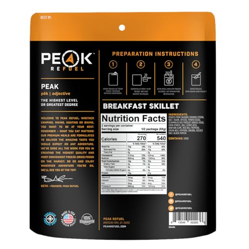 Peak Refuel Breakfast Meals | Freeze Dried Backpacking, Camping & Emergency Prep Food | 2 Servings Pouches (2-Pack, Skillet)