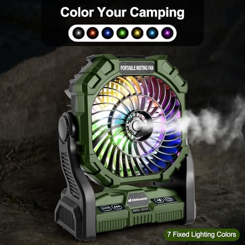Odoland Portable Camping Misting Fan with LED Light, 20000mAh Battery Operated Rechargeable Mister Fan with 250mL Water Tank, Hook, Outdoor Tent Cooling Fans for Patios Beach Travel Home Summer, Green