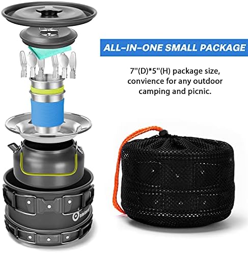 Odoland 15pcs Camping Cookware Mess Kit, Non-Stick Lightweight Pot Pan Kettle Set with Stainless Steel Cups Plates Forks Knives Spoons for Camping, Backpacking, Outdoor Cooking and Picnic