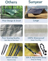 Sunyear Hammock Camping with Rain Fly Tarp and Net, Portable Camping Hammock Double Tree Hammock Outdoor Indoor Backpacking Travel & Survival, 2 Tree Straps,100% Waterproof