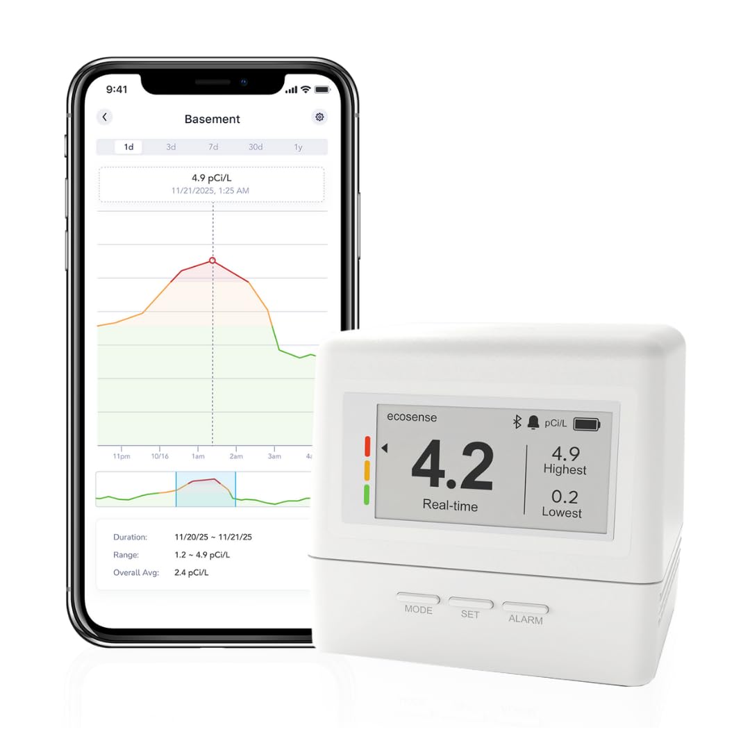 Ecosense EcoQube Flex Smart Radon Detector - Battery Powered Continuous Radon Monitor for Home Use with Always-On Display, Bluetooth App, Daily, Weekly, Monthly & Yearly Fluctuations on App