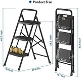 BONTEC 3-Step Ladder, Folding Step Stool, 600lbs Max Load Capacity, Sturdy Steel, Non-Slip Pedals, Lightweight, Portable Steel Ladder with Convenient Handrail, Safety Design for Home & Work, Black
