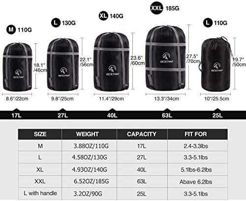 REDCAMP Sleeping Bag Stuff Sack, Black M, L, XL and XXL Compression Sack, Great for Backpacking and Camping