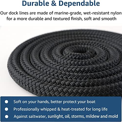 Boat Dock Lines - 5/8" x 20' Double Braided Nylon Dock Rope, Marine-Grade with 15" Loop - Black, 2 Pack