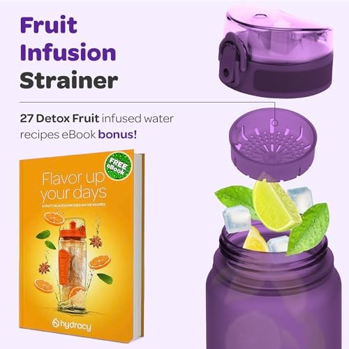 Hydracy Water Bottle with Time Marker -Large BPA Free Water Bottle & No Sweat Sleeve -Leak Proof Gym Bottle with Fruit Infuser Strainer & Times to Drink -Ideal for Fitness Sports & Outdoors