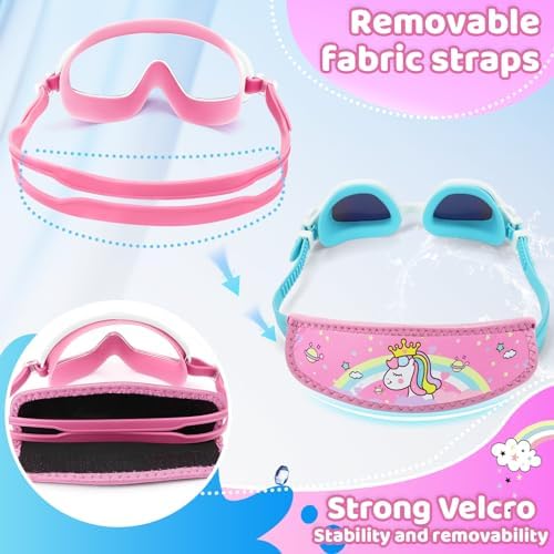 Vvinca Kids Swim Goggles for Age 2-8, Toddler-Goggles with Fabric Strap No Leak Pain-Free, Anti-Fog Goggles for Girls Boys