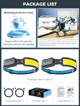 Smiling Shark Headlamp, 2 Pack Head Lamps Led Rechargeable 6 Modes 7*White Lights 270° Lighting Width Motion Sensor Red Tail Light for Camping Fishing Repairation, LED-Headlamp-Rechargeable-Light