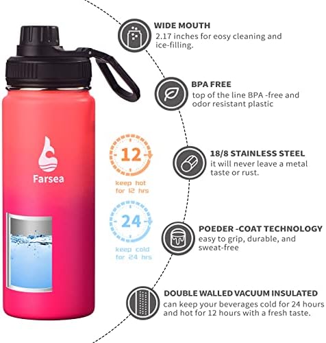 Farsea Insulated Water Bottle With Paracord Handle, Protective Silicone Boot and 2 Lids (Straw Lid & Spout Lid), Stainless Steel Water Bottle Wide Mouth, Double Wall Sweat-Proof BPA-Free, 18 oz