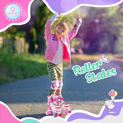 SULIFEEL Rainbow Unicorn 4 Size Adjustable Light up Roller Skates for Girls Boys for Kids