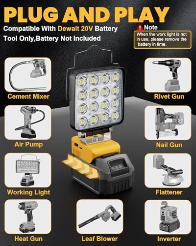 LIVOWALNY Cordless LED Work Light for Dewalt 20v Battery, 70W 7000LM Flashlight, Portable LED Flood Battery Light with USB A & USB C Charging Output Port for Emergency, Outdoors and Job Site Lighting