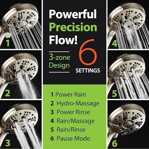 AquaDance High Pressure 6-Setting Full Brushed Nickel Handheld Shower Head with Stainless Steel Hose. Officially Independently Tested to Meet Strict US Quality & Performance Standards!