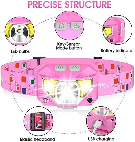 LHKNL Headlamp Flashlight, 1200 High Lumen Bright LED Rechargeable Headlight with White Red Light, 2-Pack Waterproof Motion Sensor Head Lamp, 8 Mode for Camping Running Hiking Fishing Gear- Pink