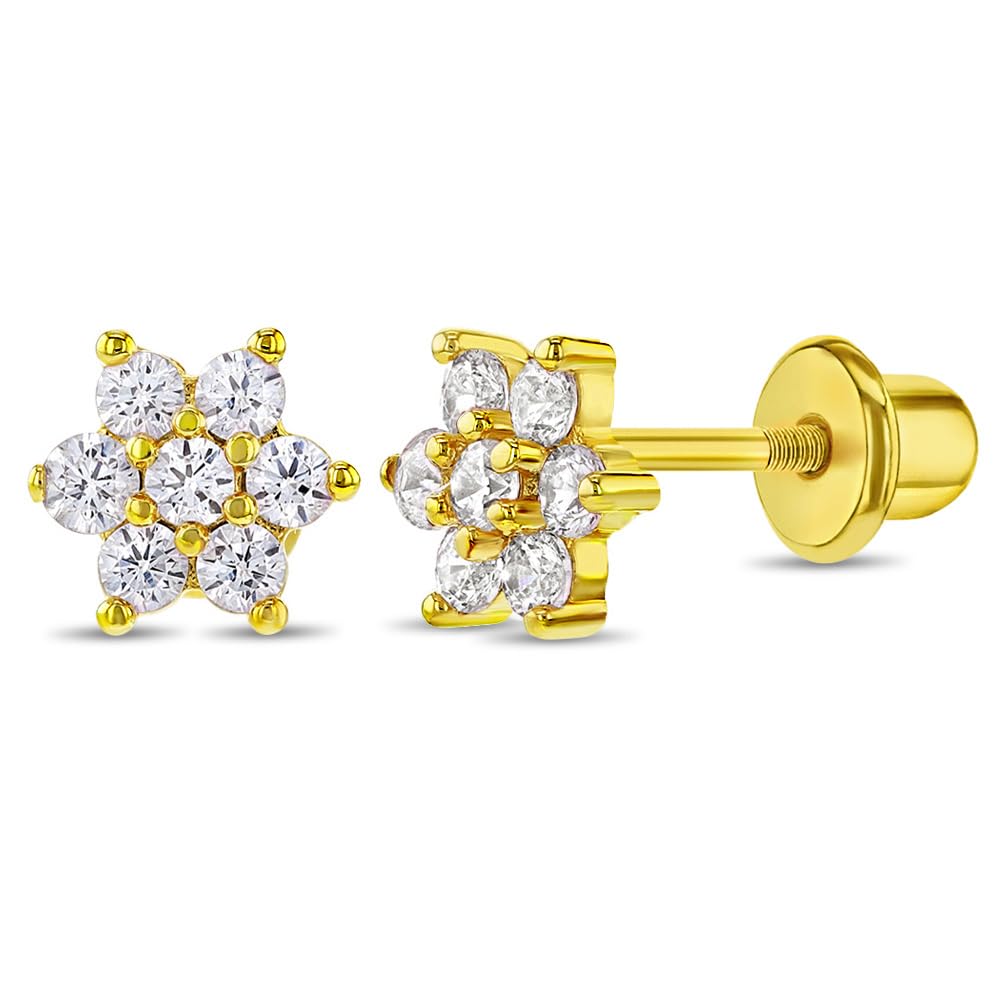 In Season Jewelry Gold Plated CZ Flower Kids Earrings - Earrings for Girls with Safety Screw Back Locking - Safe & Comfortable for Toddlers, Kids & Little Girls