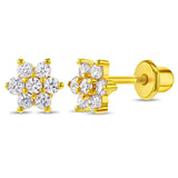 In Season Jewelry Gold Plated CZ Flower Kids Earrings - Earrings for Girls with Safety Screw Back Locking - Safe & Comfortable for Toddlers, Kids & Little Girls
