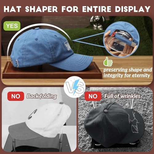 JupDec Hat Display Case, Clear Acrylic Baseball Cap Display Box Stand, UV Protection Signed Hat Transparent Showcase with Solid Wood Base Risers & Hat Shaper, Ideal Gift for Caps Collector