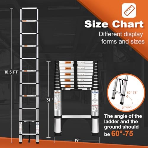 Soctone Telescoping Ladder, 10.5 FT Button Retraction Aluminum Extension Ladder with 2 Triangle Stabilizers, Multi-Purpose Ladder with Slow Down Design, 330lbs Max Capacity for House Daily Life