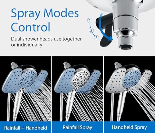 2-in-1 Shower Heads with Handheld 2.5GPM: 10” Rain Shower Head & Hand Held Shower Head, 10 Spray Settings Detachable Shower Head with ON/OFF Switch and 15-Stage Filter