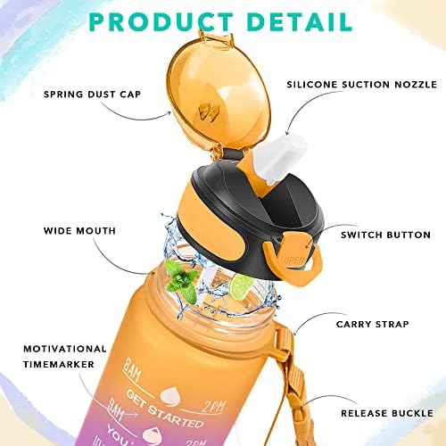 Enerbone 32 oz Water Bottle with Times to Drink and Straw, Motivational Drinking Water Bottles with Carrying Strap, Leakproof BPA & Toxic Free, Ensure You Drink Enough Water for Fitness Gym Outdoor