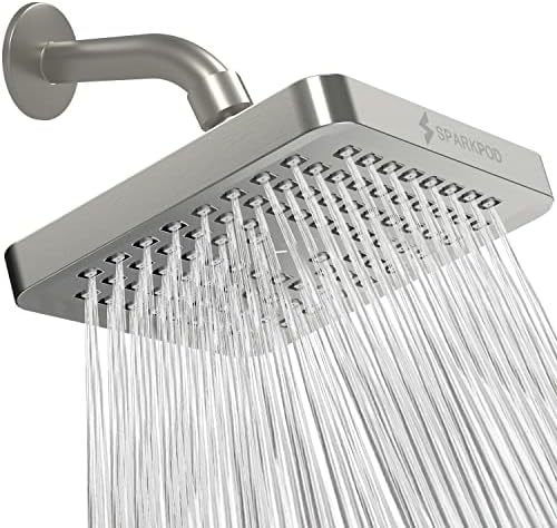 SparkPod Shower Head - High Pressure Rain - Premium Quality Luxury Design - 1-Min Install - Easy Clean Adjustable Replacement for Your Bathroom Shower Heads (Elegant Brushed Nickel, 6 Inch Square)