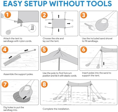 Beach Tent Sun Shelter, 10 x 10 FT Beach Canopy Tent Sun Shade Heavy Duty, UPF50+ Beach Tent Canopy with 8 Sandbags & 4 Stability Poles, Outdoor Beach Tent for Beach Camping Fishing, Sky Blue