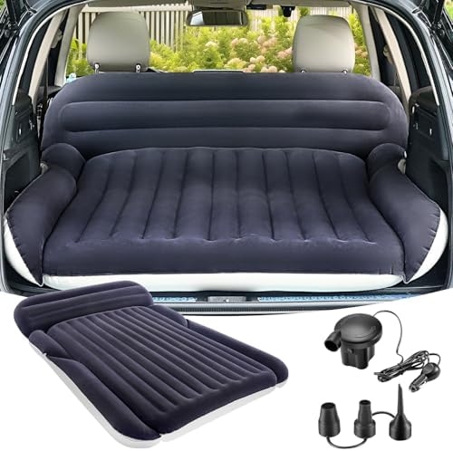 KMZ SUV Air Mattress with 2 Pillows – Thickened and Flocked Car Bed – Portable Travel Pad for Camping & Road Trips – Quick Inflate & Deflate with External Pump – Blue-Black and Cool Gray