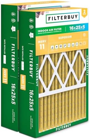 Filterbuy 16x25x5 Air Filter MERV 11 Allergen Defense (2-Pack), Pleated HVAC AC Furnace Air Filters for Honeywell FC100A1029, Lennox X6670, Carrier, & More (Actual Size: 15.75 x 24.75 x 4.38 Inches)