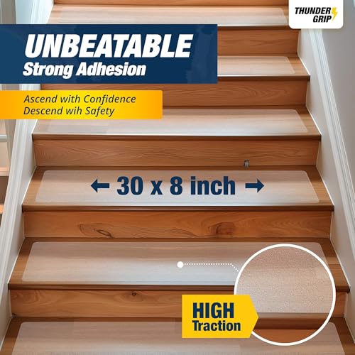 Clear Stair Treads Non-Slip 30"x8" - 15-Pack Indoor Stair Grips Non Slip for Wooden Steps - Anti Slip Adhesive Strips for Dogs & Elderly - Staircase Step Treads - Transparent Treads for Wood Stairs
