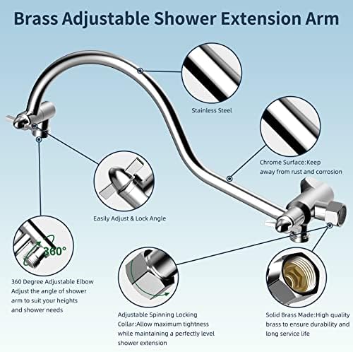 Hibbent All Metal Shower Head, 10'' High Pressure Rainfall Shower Head/Handheld Showerhead Combo with 12'' Adjustable Curved Shower Extension Arm, 7-Spray, 71'' Shower Hose, Shower Head Holder, Chrome