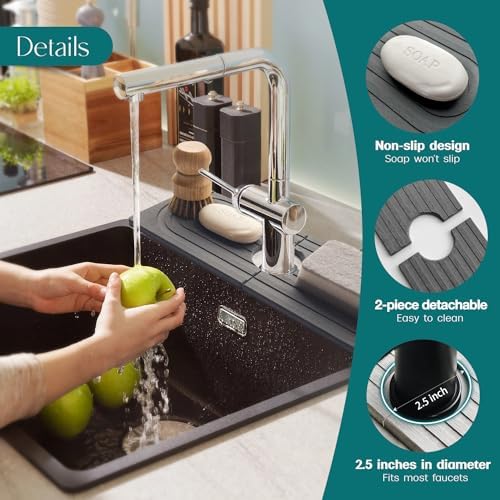 Dreatim Faucet Mat for Kitchen Sink - Wider Diatomite Fast Drying Stone Sink Tray, Super Absorbent, Prevents Moisture Buildup - Faucet Splash Guard for Bathroom Counter [Dark Grey, 15x5.3inch]