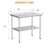 ROVSUN 36'' x 24'' Stainless Steel Table for Prep & Work,Commercial Worktables & Workstations, NSF Heavy Duty Metal Table with Adjustable UnderShelf & Backsplash for Kitchen, Restaurant,Home,Hotel