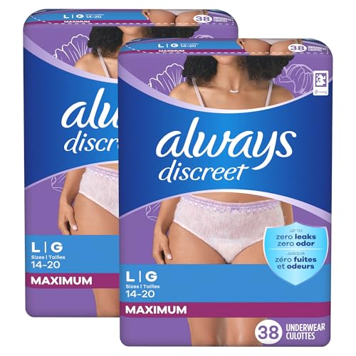 Always Discreet Adult Incontinence Underwear for Women and Postpartum Underwear, L, Up to 100% Bladder Leak Protection, 76 Count (Packaging May Vary)