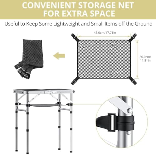 Folding Camping Table, Aluminum 24" x 16" Adjustable Height Small Folding Table with Carrying Handle, Lightweight, Portable Camping Table Waterproof for Outdoor Indoor Picnic Beach BBQ (Black)