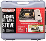 Chef Master 15,000 BTU Portable Butane Camping Stove COMBO with 4 x 8oz. Butane Fuel Canister, Double Wind-Guard Portable Stove Burner for Emergency, Road Trip, Backpacking & Camping Essential - 90019