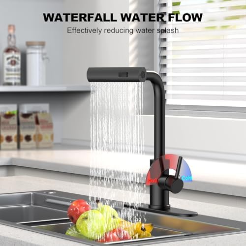 Matte Black Single Hole Kitchen Faucets with Pull Down Sprayer, Single Handle, High Flow Water, Pull Out Tap, Stainless Steel Sink Faucet, Suitable for Farmhouse Camper Laundry Rv Bar