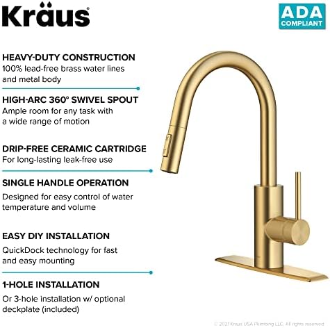 KRAUS Oletto Single Handle Pull Down Kitchen Faucet with QuickDock Top Mount Installation Assembly in Spot-Free Brushed Brass, KPF-2620BB