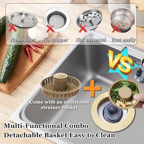 3 in 1 Kitchen Sink Stopper, Pop Up Kitchen Sink Drain Strainer, with an Extra Basket Strainer, Kitchen Sink Drain Stopper for US Standard 3-1/2 Inch, Brass Material Electroplate Gold