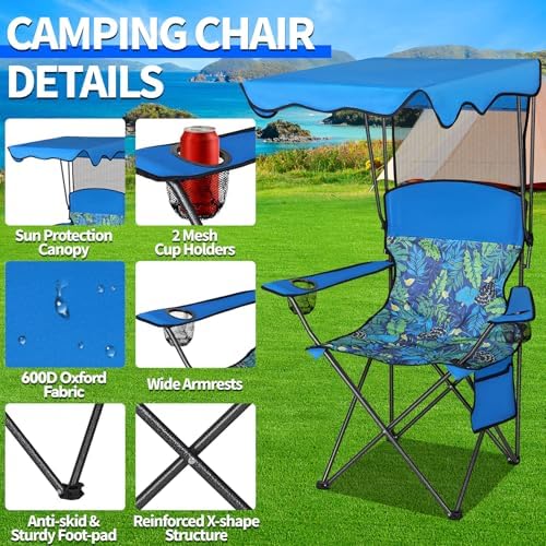 Camping Chair with Canopy, Chair with Cup Holders, Portable Camping Chairs with Carry Bag&Side Pocket, Beach Chair with Shade, Camp Chairs for Adult, Outdoor Folding Chair Support 330 LBS