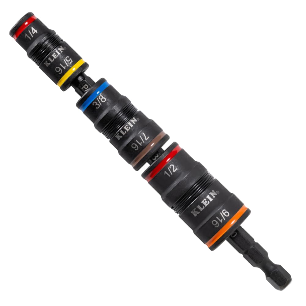 Klein Tools 32933 Klein Tools 32933 Impact Driver, SAE 7-in-1 Impact Rated Socket Set, 3 Flip Sockets with 6 Hex Driver Sizes and 1/4-Inch Bit Holder, 5-Inch Shaft