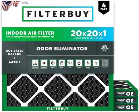 Filterbuy 20x20x1 Air Filter MERV 8 Odor Eliminator (4-Pack), Pleated HVAC AC Furnace Air Filters Replacement with Activated Carbon (Actual Size: 19.50 x 19.50 x 0.75 Inches)