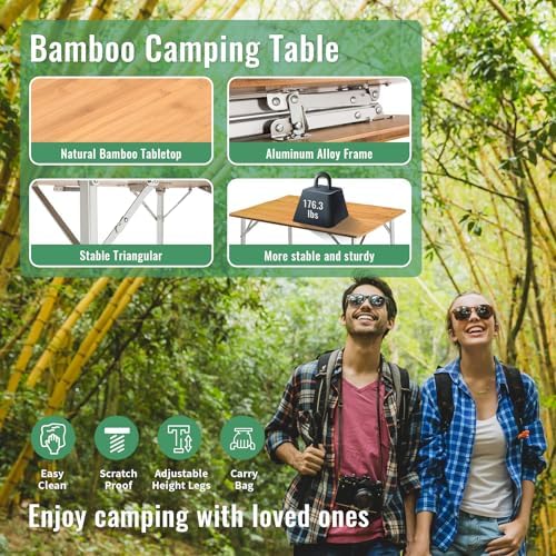 KingCamp Adjustable Height Folding Table, 4-Fold Bamboo Camping Outdoor Portable RV Camp Table with Carry Bag & Storage for Outdoor Car Backyard Picnic Tailgating Beach