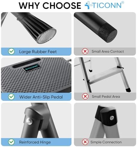 TICONN 4 Step Ladder, Heavy Duty Foldable Step Stool, Portable Steel Folding Stool for Household Garage Storage (Black)