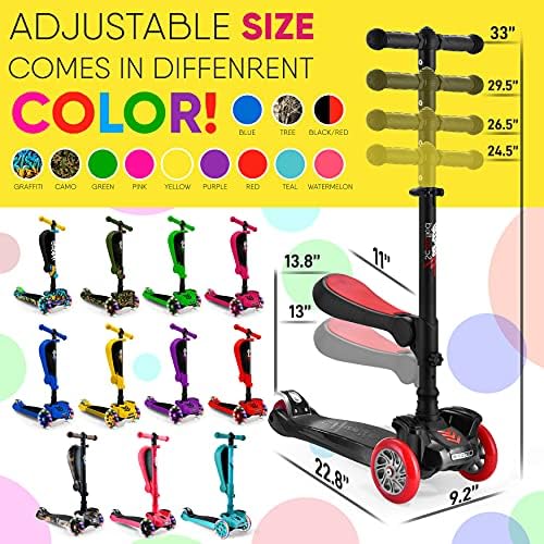 Hurtle 3-Wheeled Scooter for Kids - Wheel LED Lights, Adjustable Lean-to-Steer Handlebar, and Foldable Seat - Sit or Stand Ride with Brake for Boys and Girls Ages 1-14 Years Old