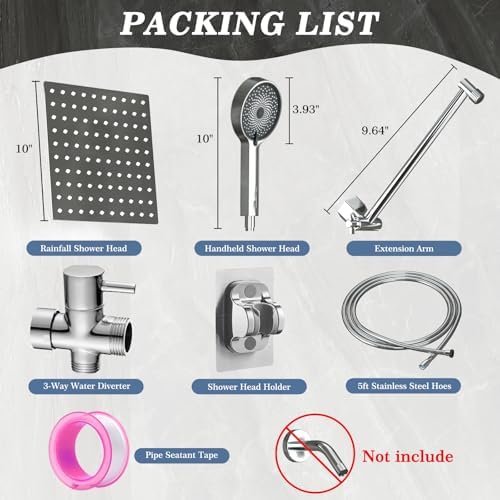 Shower Head, Rain Shower Head with Handheld Spray Combo, 10 Inch Adjustable High Pressure Rainfall Shower Head, Dual Showerhead Set with Extension Arm and 60 Inch Long Shower Hose (Silver)