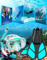 Snorkeling Gear for Adults Men Women,4 in 1 Snorkel Set with Panoramic View Diving Mask Anti-Fog Anti-Leak,Dry Top Snorkel,Fins and Travel Bag for Swimming,Snorkeling and Travel Diving