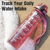 OLDLEY Water Bottle, 32oz Motivational Sports Water Bottle with Time Marker - Times to Drink - Tritan, BPA Free, Wide Mouth Leakproof,Clear Red