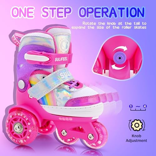 SULIFEEL Rainbow Unicorn 4 Size Adjustable Light up Roller Skates for Girls Boys for Kids