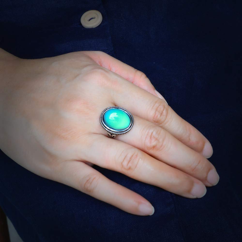 FUN JEWELS Antique Silver Plated Color Change Mood Ring Size Adjustable