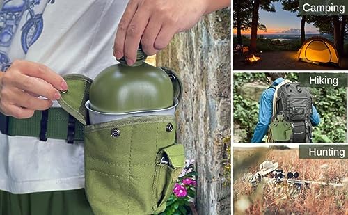 BeGrit Military Canteen Army Canteen WWII US G.I. Style Canteen Kit with Aluminum Cup Stainless Steel Foldable Spoon Fork for Hiking Backpacking Camping, 1 Quart Green