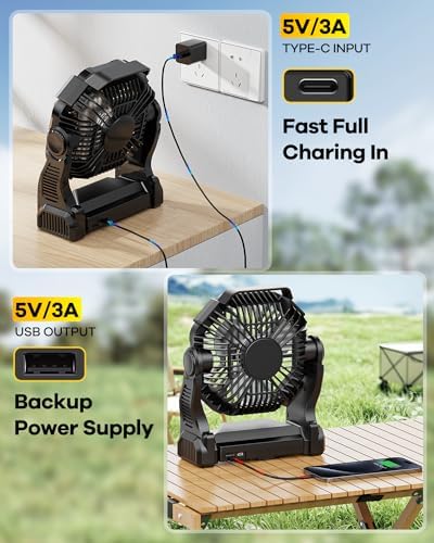20000mAh Rechargeable Camping Fan with LED Lantern,Portable Battery Powered Outdoor Fan for Bedroom,Camping,Travel,Hiking,Beach,Office,Trave Accessories(Black)